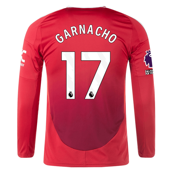 adidas Manchester United Alejandro Garnacho Long Sleeve Home Jersey w/ EPL + No Room For Racism Patches24/25 (Red) | SoccerWearhouse