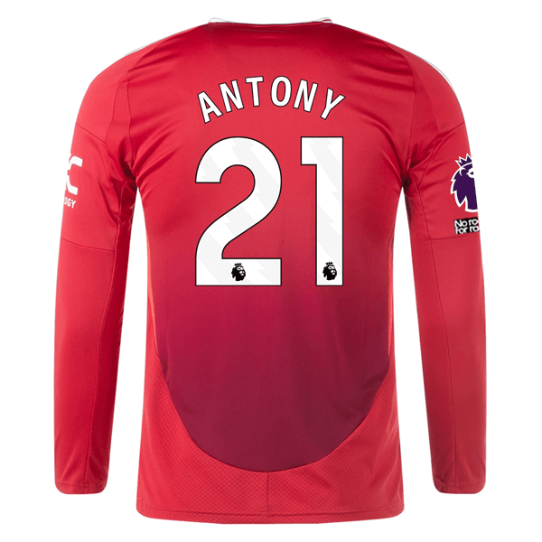 adidas Manchester United Antony Long Sleeve Home Jersey w/ EPL + No Room For Racism Patches24/25 (Red) | SoccerWearhouse