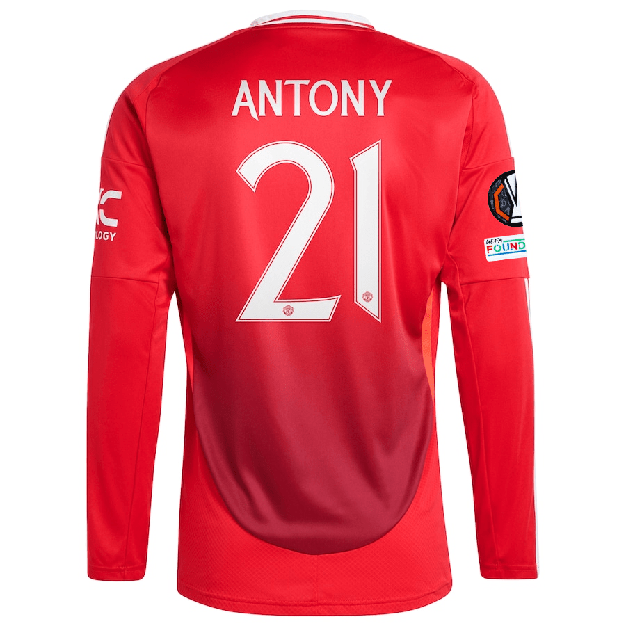 adidas Manchester United Antony Long Sleeve Home Jersey w/ Europa League Patches 24/25 (Red) | SoccerWearhouse