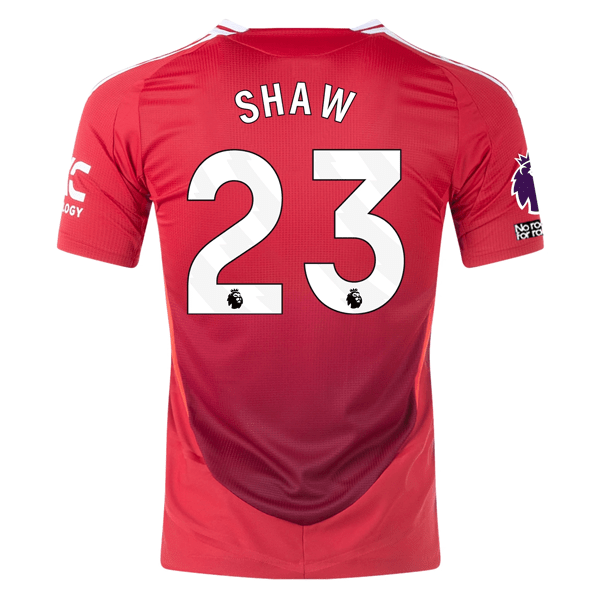 adidas Manchester United Authentic Luke Shaw Home Jersey w/ EPL + No Room For Racism Patches 24/25 (MUFC Red/Bright Red) | SoccerWearhouse