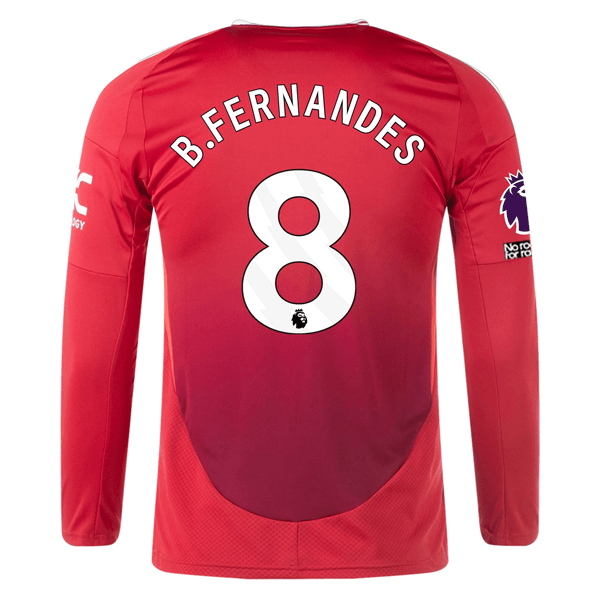 adidas Manchester United Bruno Fernandes Long Sleeve Home Jersey w/ EPL + No Room For Racism Patches24/25 (Red) | SoccerWearhouse