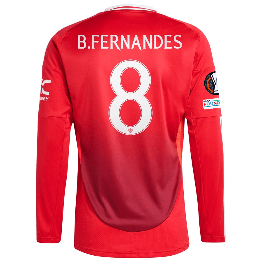 adidas Manchester United Bruno Fernandes Long Sleeve Home Jersey w/ Europa League Patches 24/25 (Red) | SoccerWearhouse