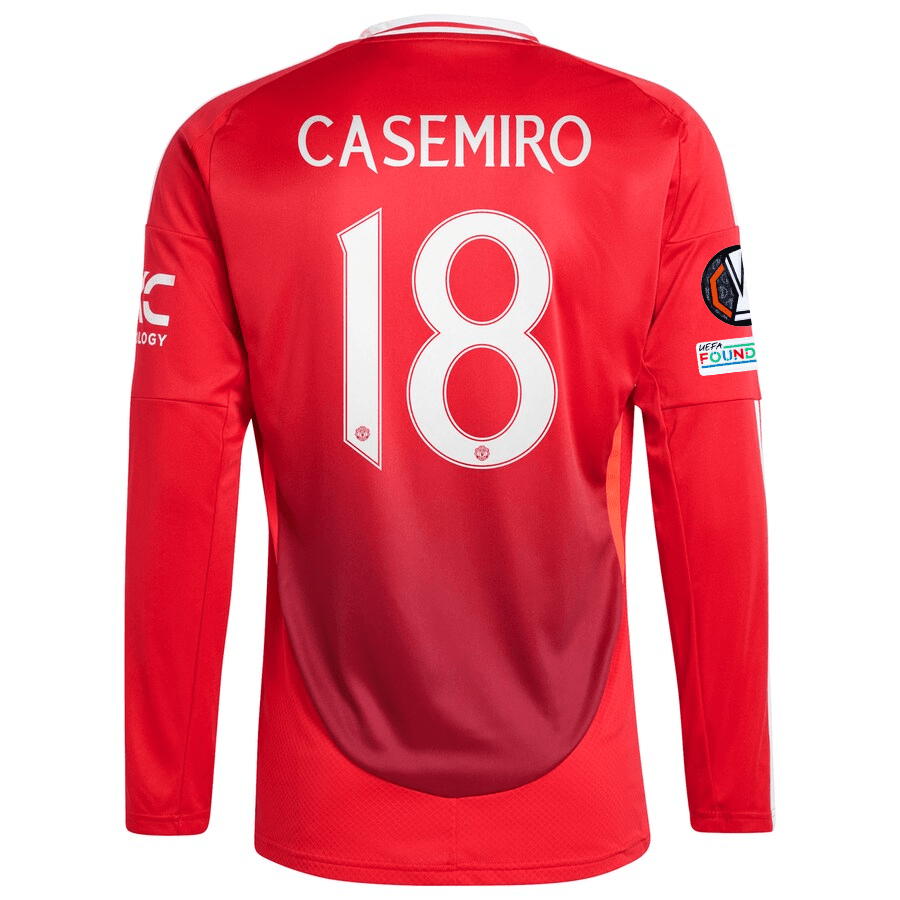adidas Manchester United Casemiro Long Sleeve Home Jersey w/ Europa League Patches 24/25 (Red) | SoccerWearhouse