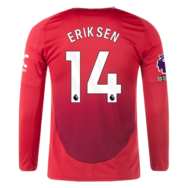 adidas Manchester United Christian Eriksen Long Sleeve Home Jersey w/ EPL + No Room For Racism Patches24/25 (Red) | SoccerWearhouse