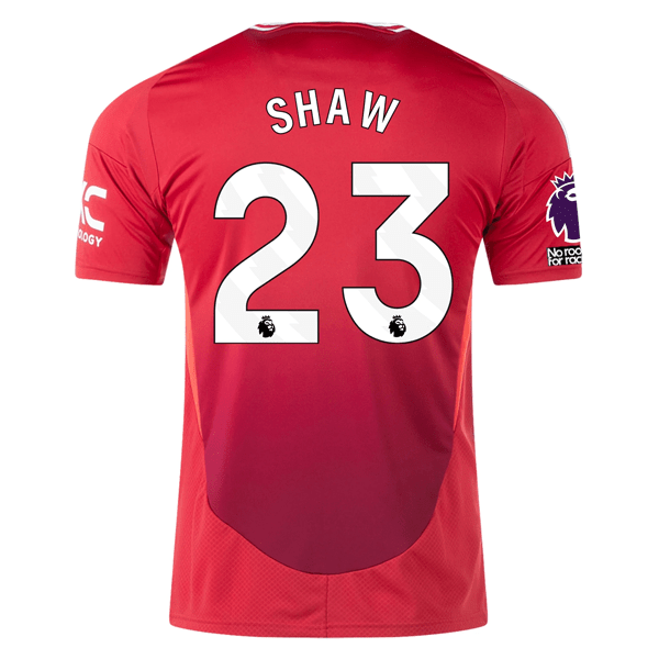adidas Manchester United Luke Shaw Home Jersey w/ EPL + No Room For Racism 24/25 (MUFC Red) | SoccerWearhouse