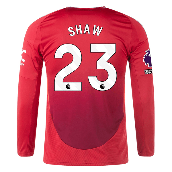 adidas Manchester United Luke Shaw Long Sleeve Home Jersey w/ EPL + No Room For Racism Patches24/25 (Red) | SoccerWearhouse