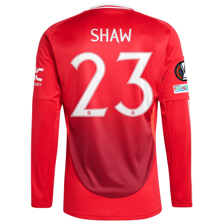 adidas Manchester United Luke Shaw Long Sleeve Home Jersey w/ Europa League Patches 24/25 (Red) | SoccerWearhouse