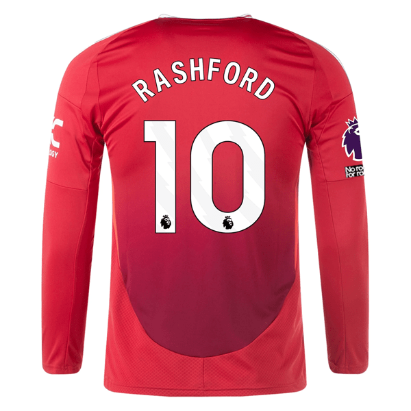 adidas Manchester United Marcus Rashford Long Sleeve Home Jersey w/ EPL + No Room For Racism Patches24/25 (Red) | SoccerWearhouse