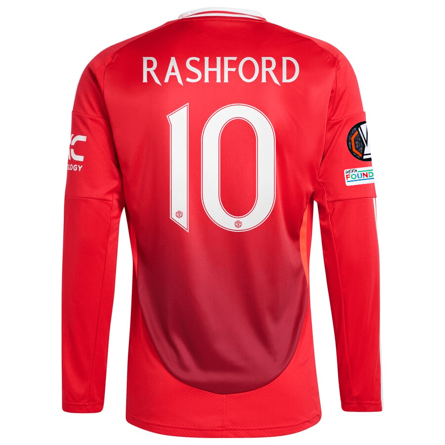 adidas Manchester United Marcus Rashford Long Sleeve Home Jersey w/ Europa League Patches 24/25 (Red) | SoccerWearhouse