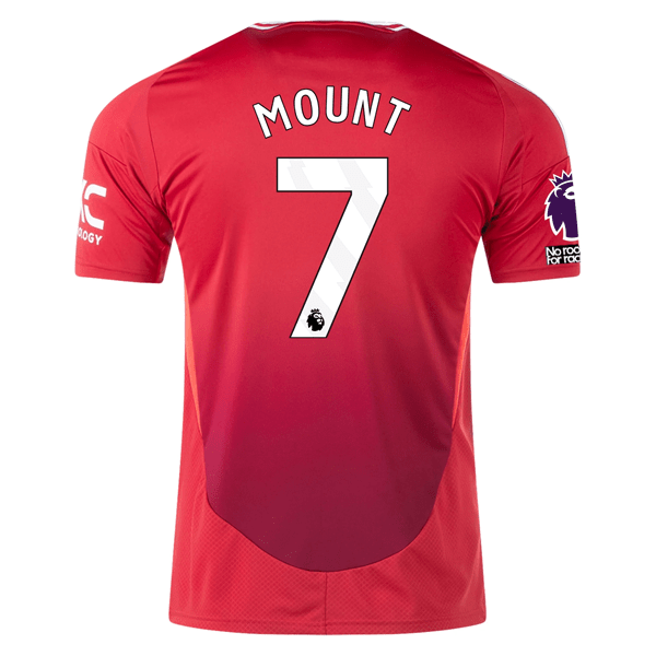 adidas Manchester United Mason Mount Home Jersey w/ EPL + No Room For Racism 24/25 (MUFC Red) | SoccerWearhouse