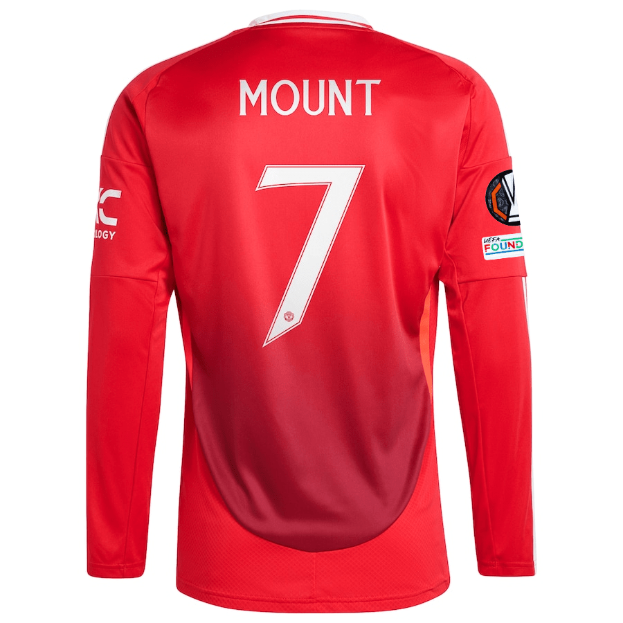 adidas Manchester United Mason Mount Long Sleeve Home Jersey w/ Europa League Patches 24/25 (Red) | SoccerWearhouse