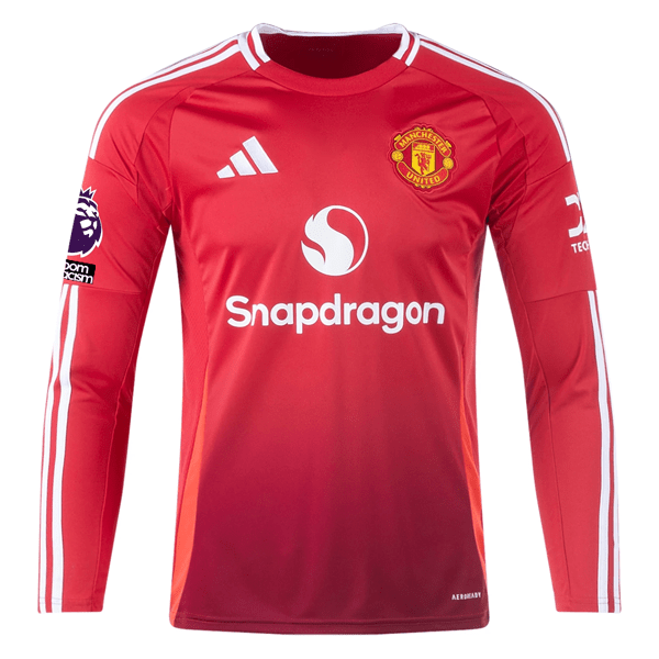 adidas Manchester United Matthijs De Ligt Long Sleeve Home Jersey w/ EPL + No Room For Racism Patches24/25 (Red) | SoccerWearhouse