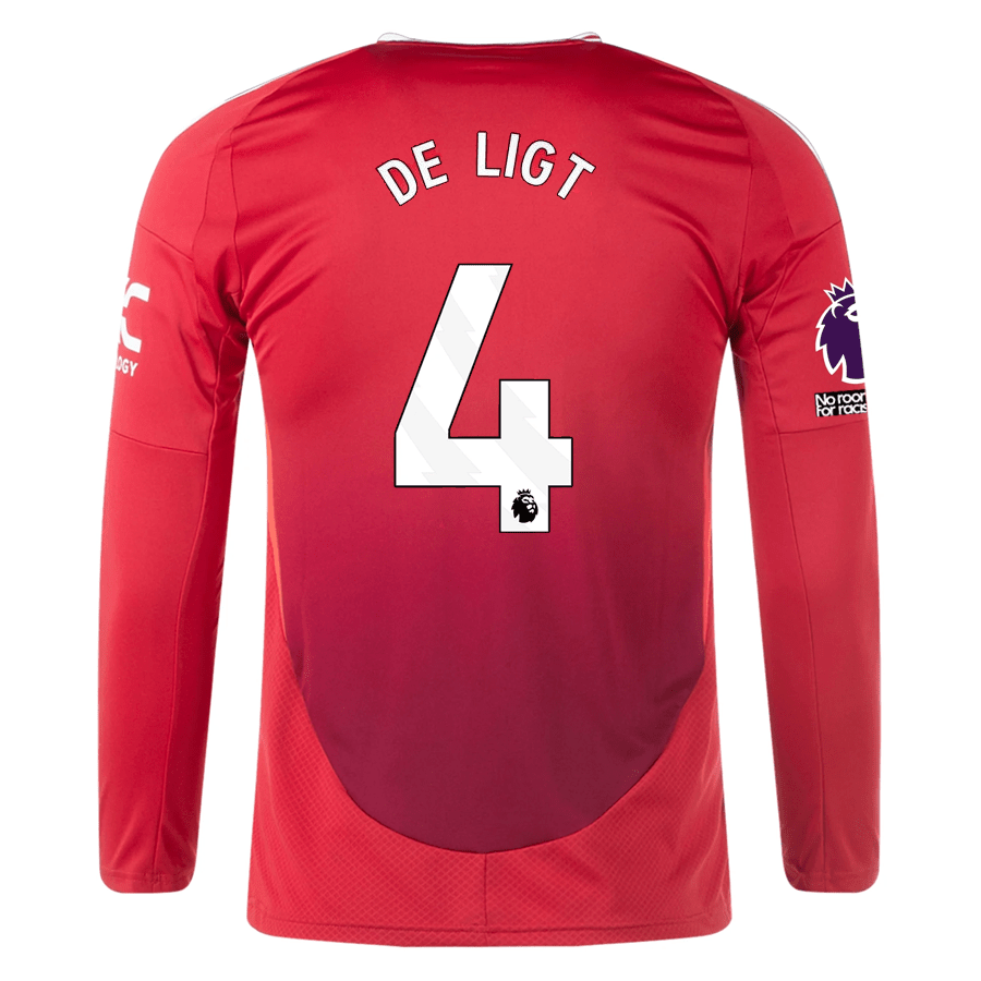 adidas Manchester United Matthijs De Ligt Long Sleeve Home Jersey w/ EPL + No Room For Racism Patches24/25 (Red) | SoccerWearhouse