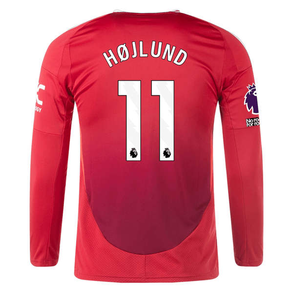 adidas Manchester United Rasmus Hojlund Long Sleeve Home Jersey w/ EPL + No Room For Racism Patches24/25 (Red) | SoccerWearhouse