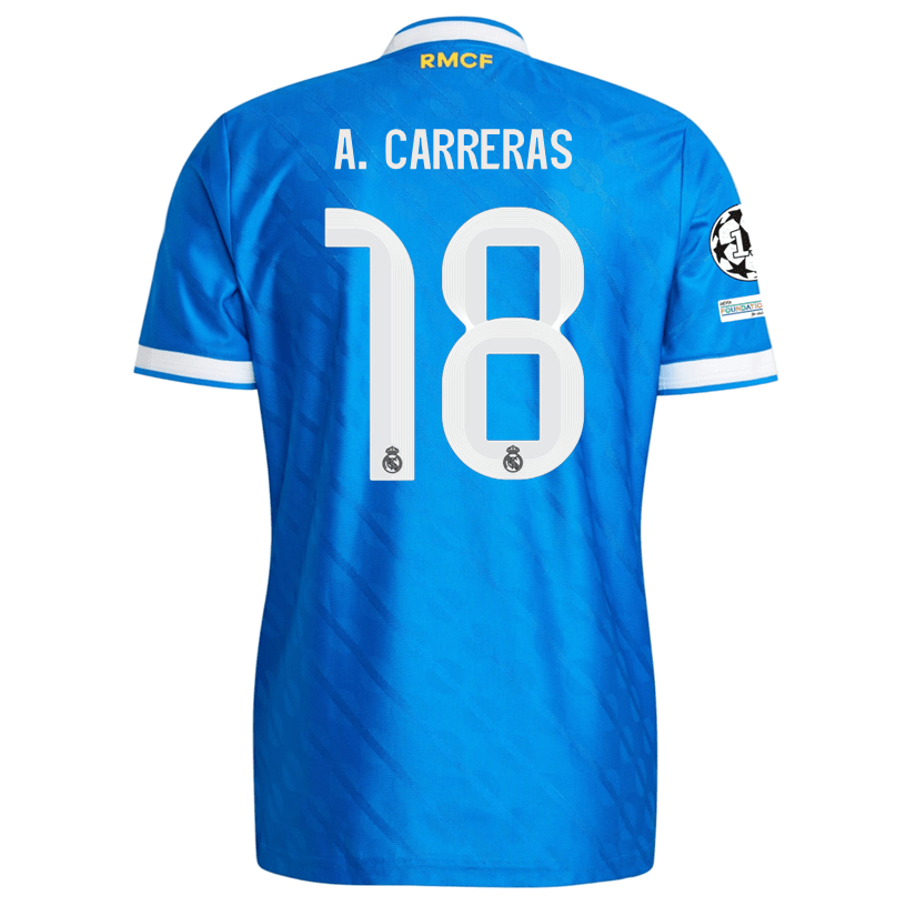 adidas Men's A. Carreras Real Madrid 25/26 Authentic Third Jersey w/ Champions League Patches (Blue) | SoccerWearhouse