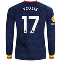 adidas Mens Arsenal Christos Tzolis Long Sleeve Away Jersey w/ EPL + No Room For Racism Patches 26/27 (Navy/Yelllow)