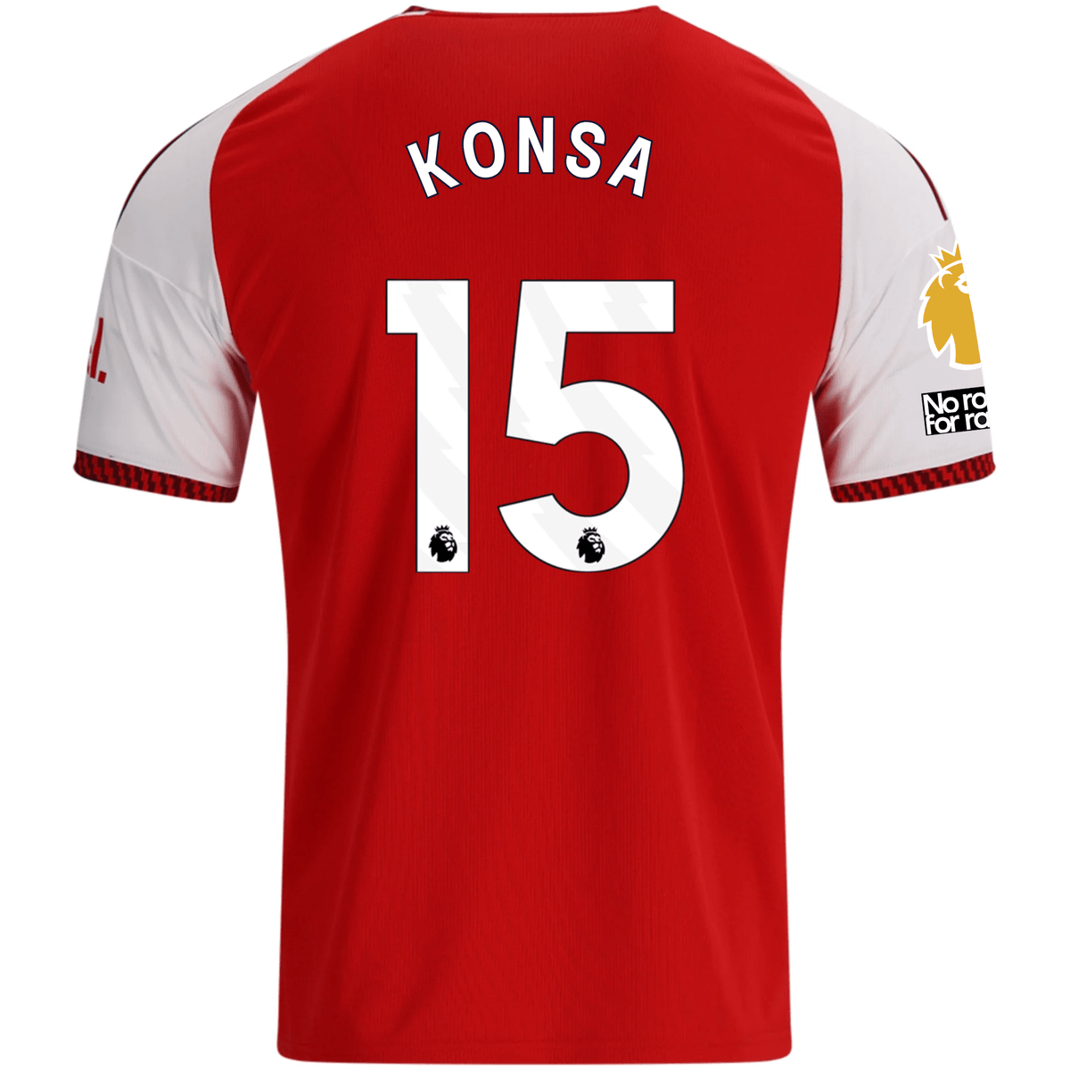 adidas Mens Arsenal Ezri Konsa Home Jersey w/ EPL + No Room For Racism Patches 26/27 (Red) | SoccerWearhouse