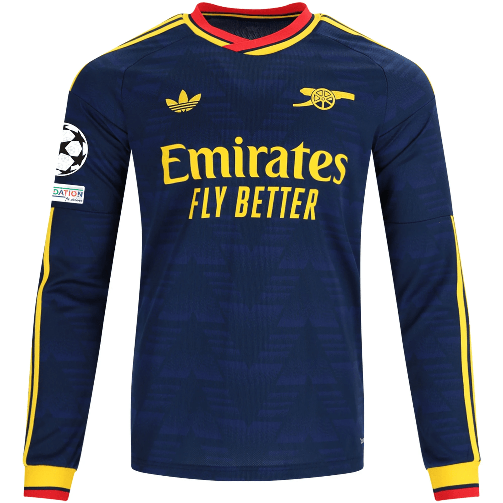 adidas Mens Arsenal Long Sleeve Away Jersey w/ Champions League Patches 26/27 (Navy/Yelllow) | SoccerWearhouse