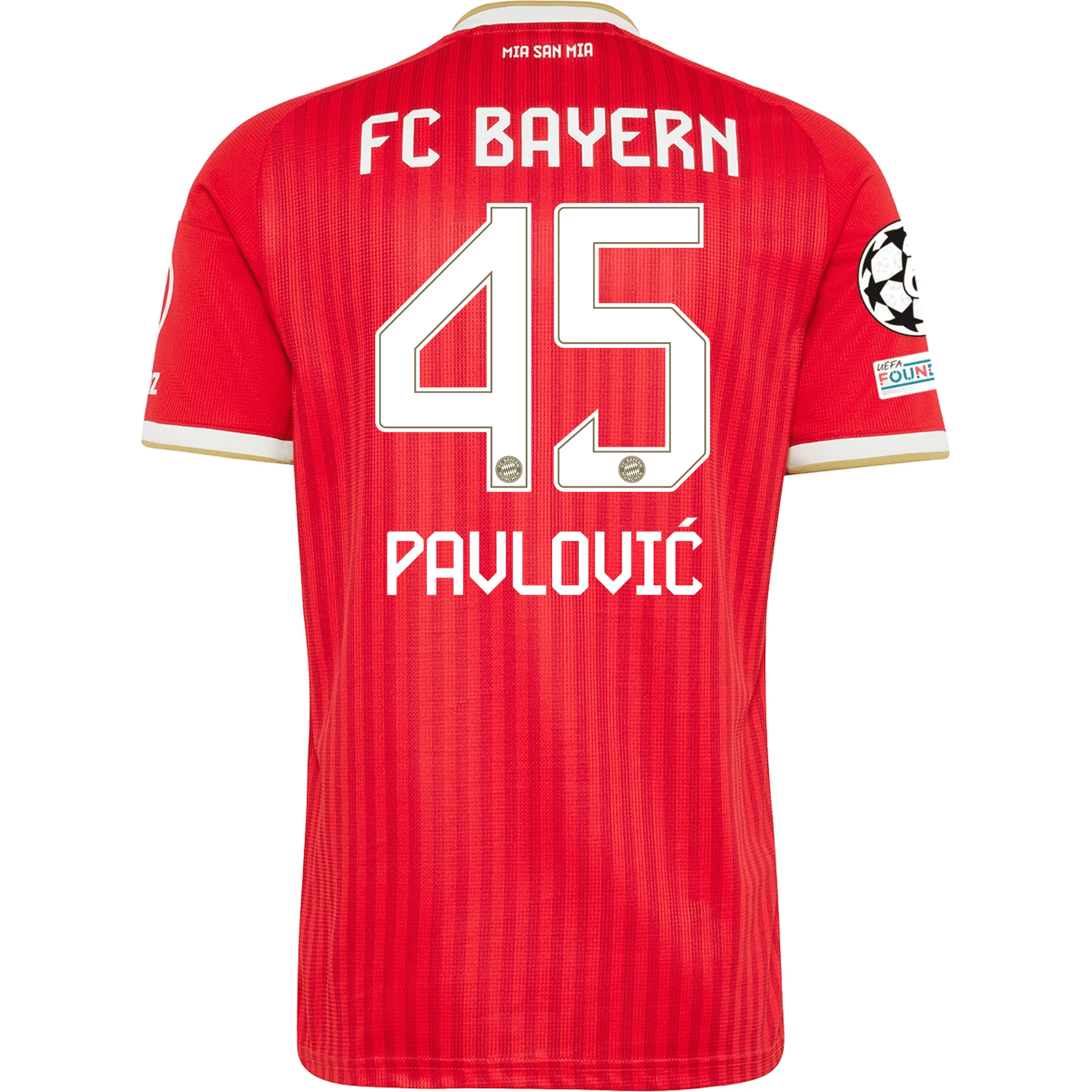 adidas Mens Bayern Munich Aleksandar Pavlović Home Jersey w/ Champions League Patches 26/27 (Red)