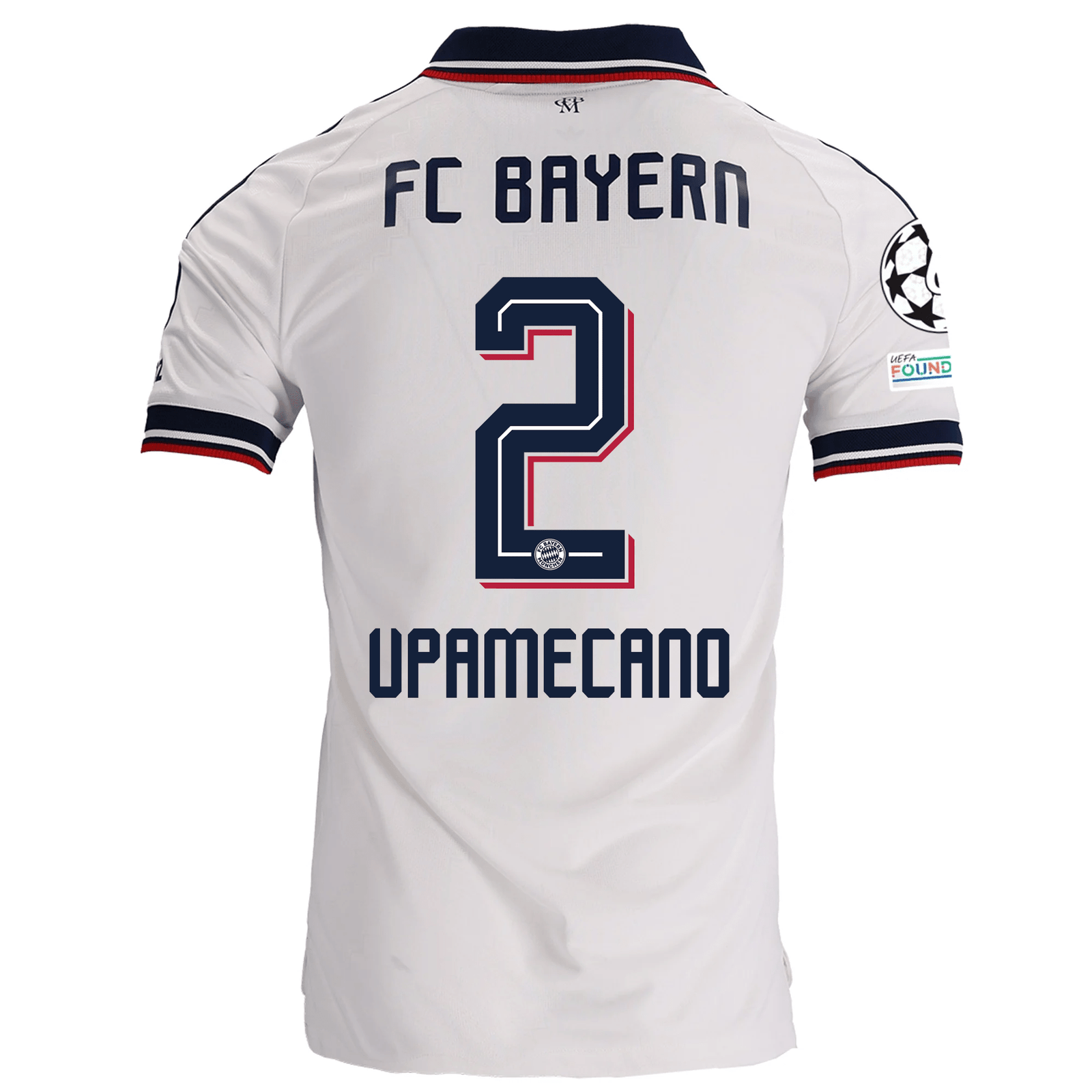 adidas Mens Bayern Munich Dayot Upamecano Away Jersey w/ Champions League Patches 26/27 (White) | SoccerWearhouse