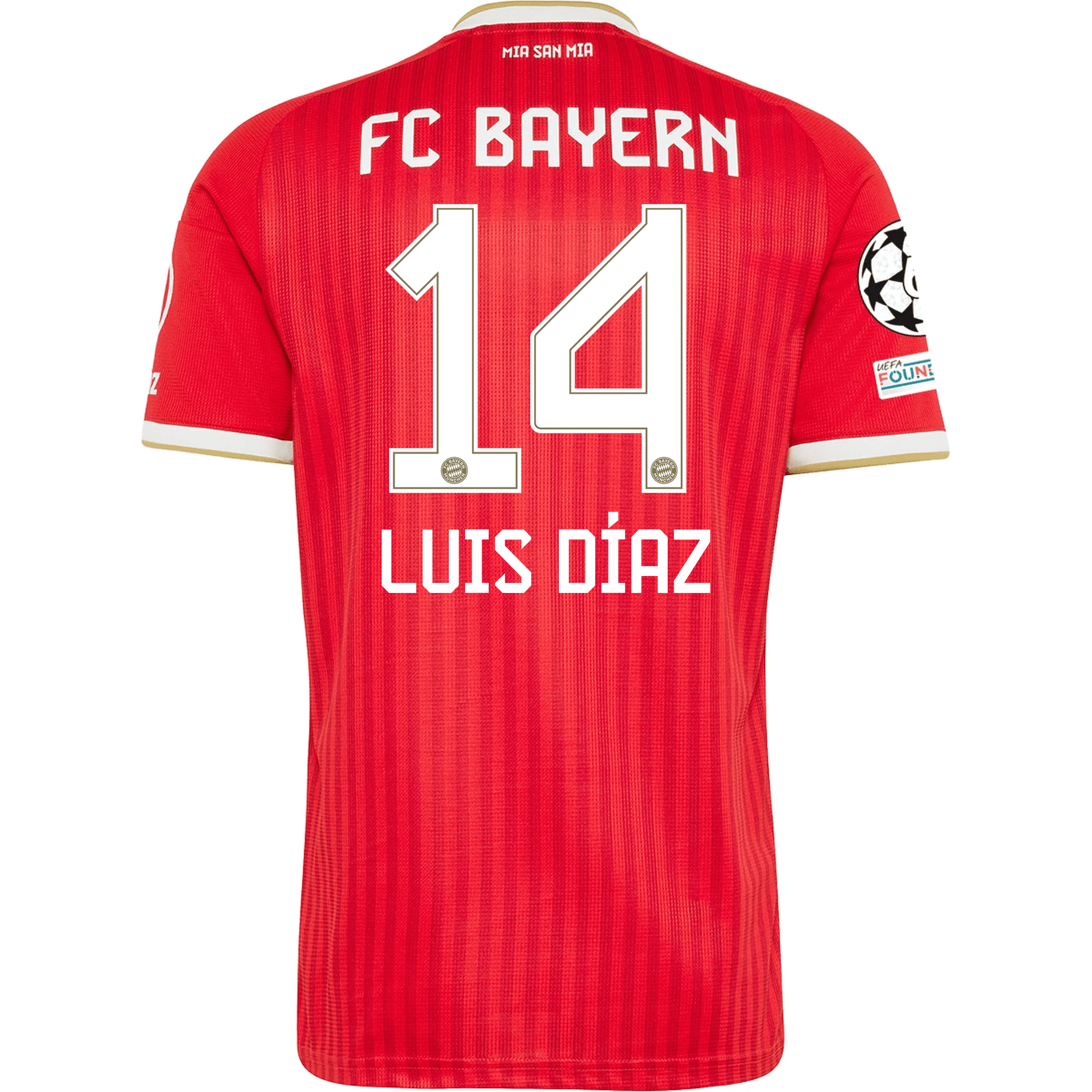 adidas Mens Bayern Munich Maycon Luis Díaz Home Jersey w/ Champions League Patches 26/27 (Red)