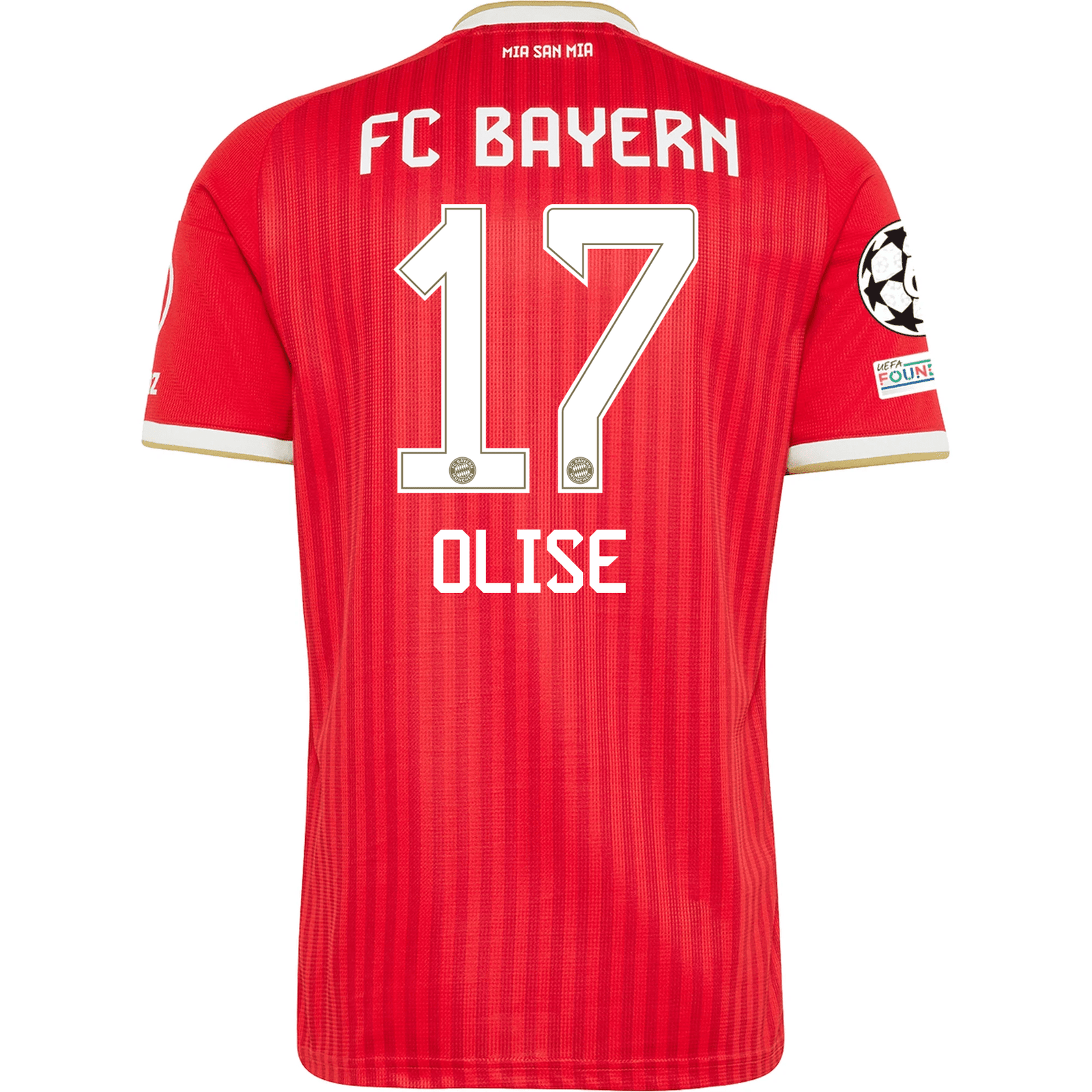 adidas Mens Bayern Munich Michael Olise Home Jersey w/ Champions League Patches 26/27 (Red) | SoccerWearhouse