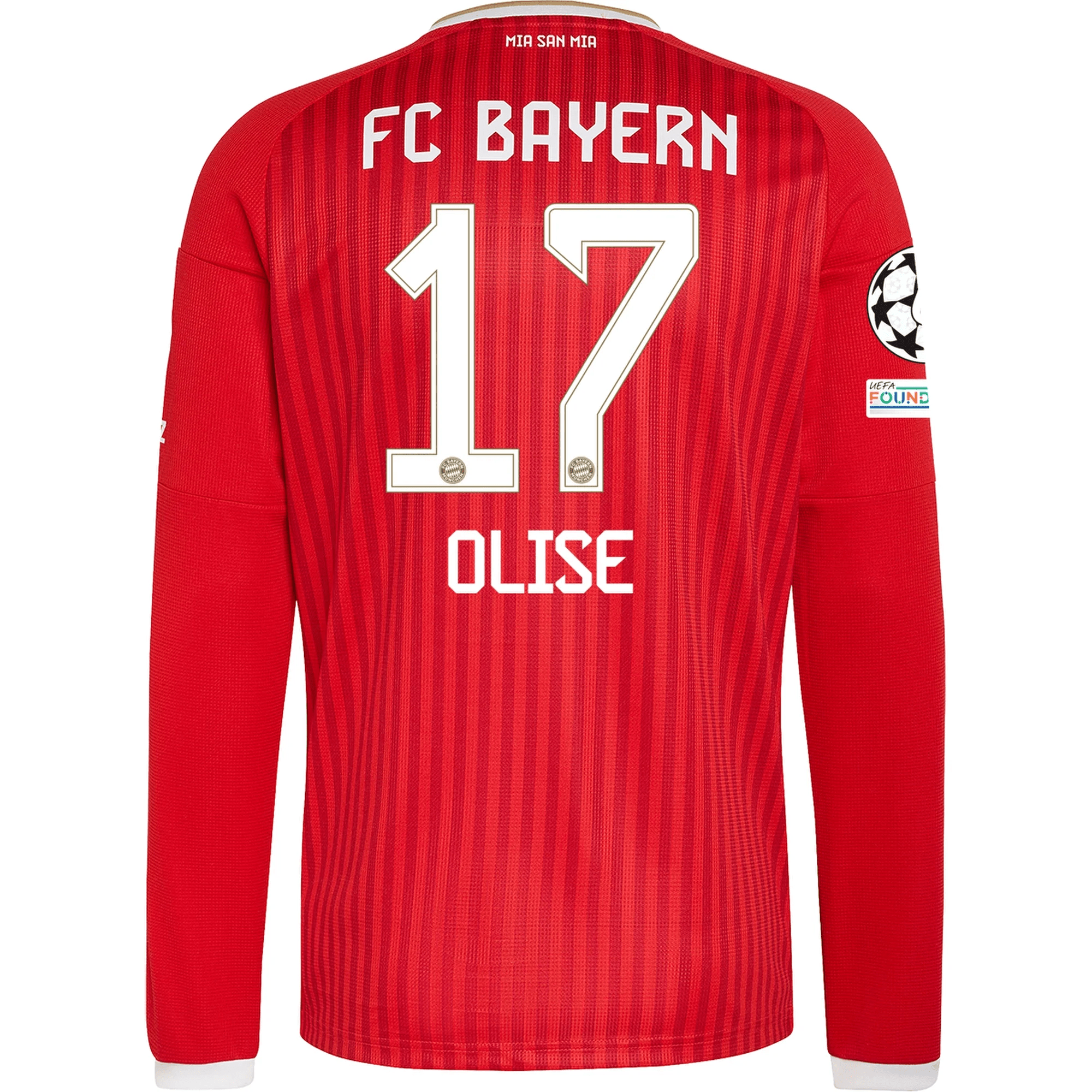 adidas Mens Bayern Munich Michael Olise Long Sleeve Home Jersey w/ Champions League Patches 26/27 (Red)