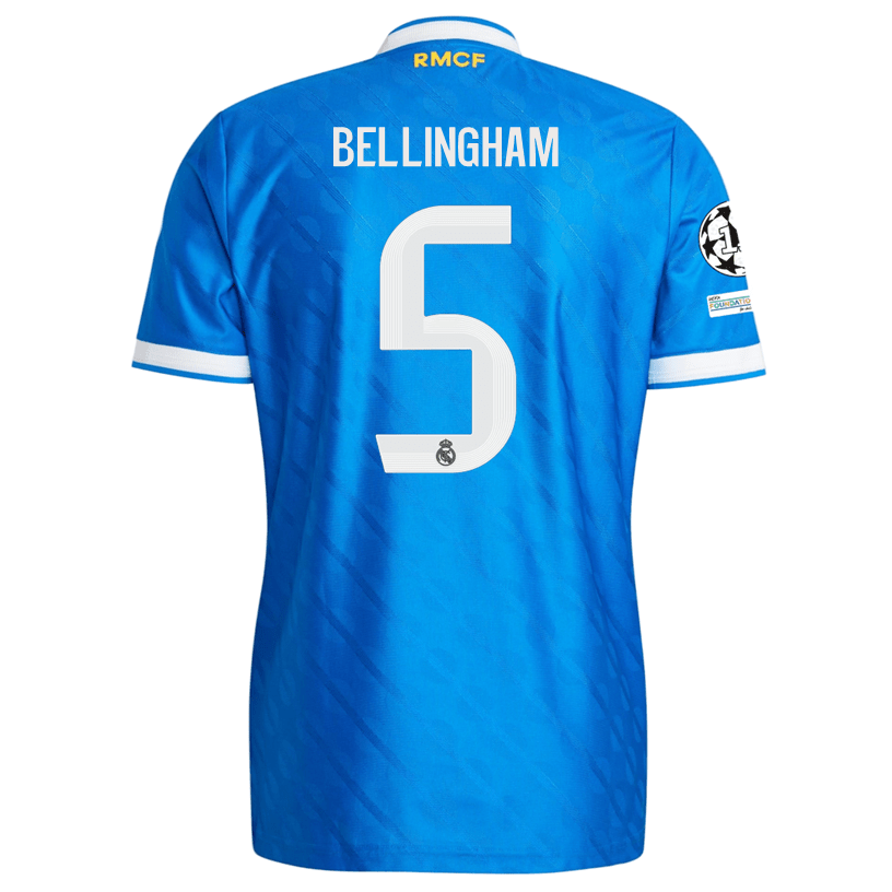 adidas Men's Bellingham Real Madrid 25/26 Authentic Third Jersey w/ Champions League Patches (Blue) | SoccerWearhouse