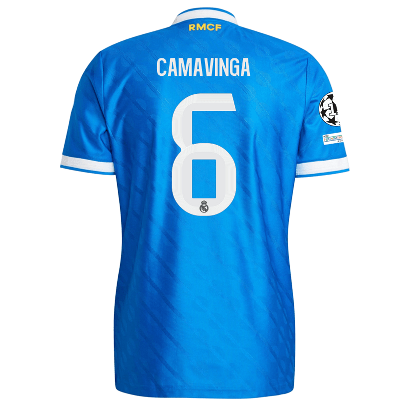 adidas Men's Camavinga Real Madrid 25/26 Authentic Third Jersey w/ Champions League Patches (Blue) | SoccerWearhouse