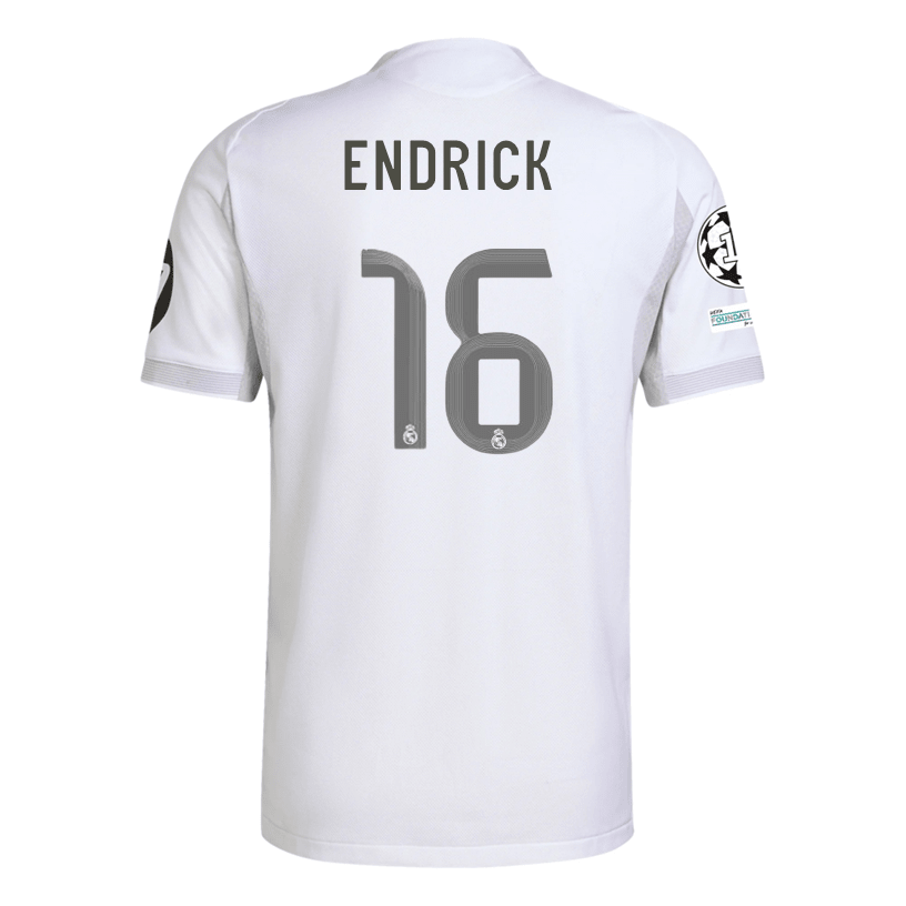 adidas Mens Endrick Real Madrid 25/26 Home Jersey w/ Champions League Patches (White) | SoccerWearhouse