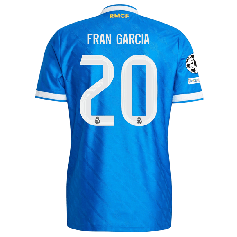 adidas Men's Fran Garcia Real Madrid 25/26 Authentic Third Jersey w/ Champions League Patches (Blue) | SoccerWearhouse