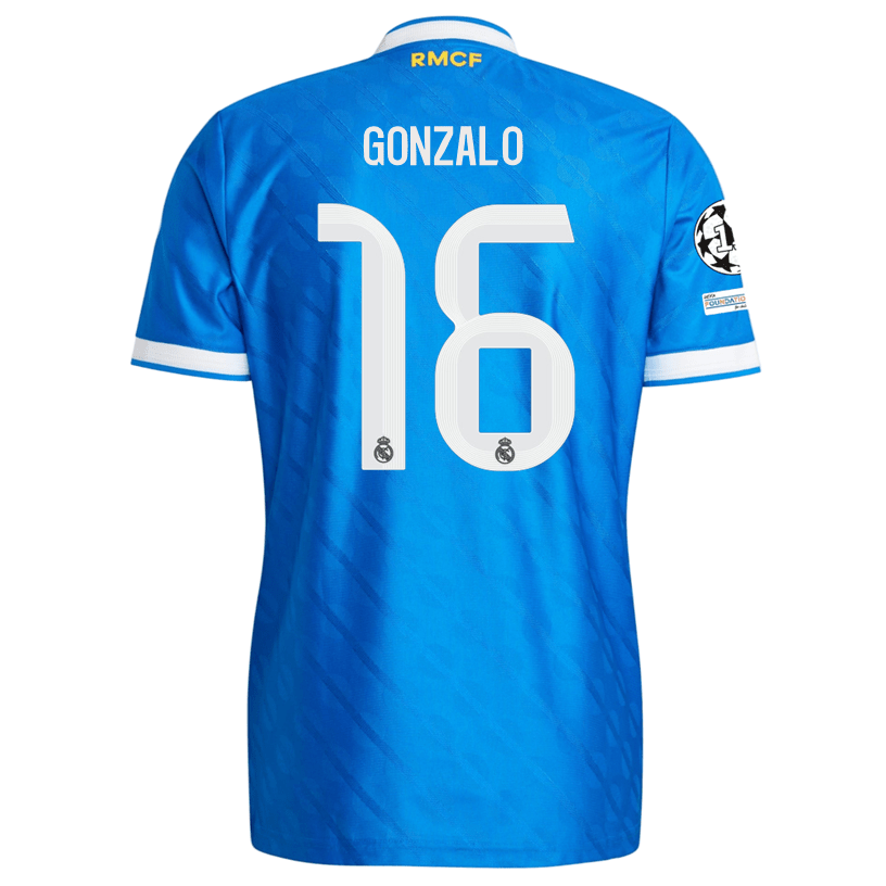 adidas Men's Gonzalo Real Madrid 25/26 Authentic Third Jersey w/ Champions League Patches (Blue) | SoccerWearhouse