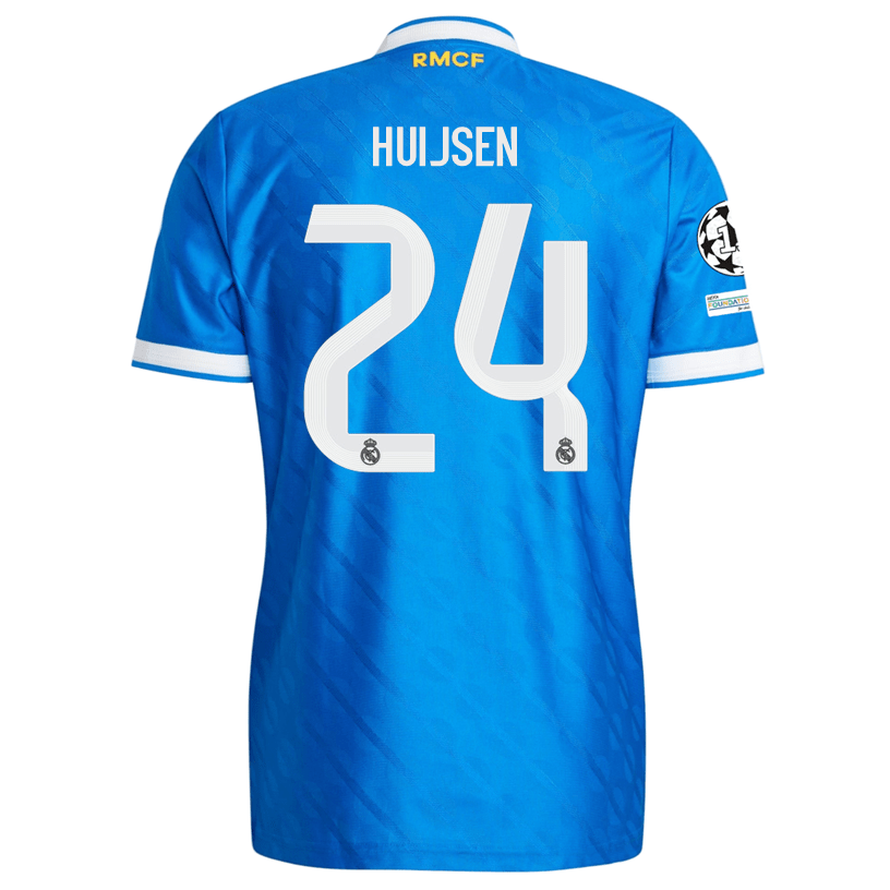 adidas Men's Huijsen Real Madrid 25/26 Authentic Third Jersey w/ Champions League Patches (Blue) | SoccerWearhouse