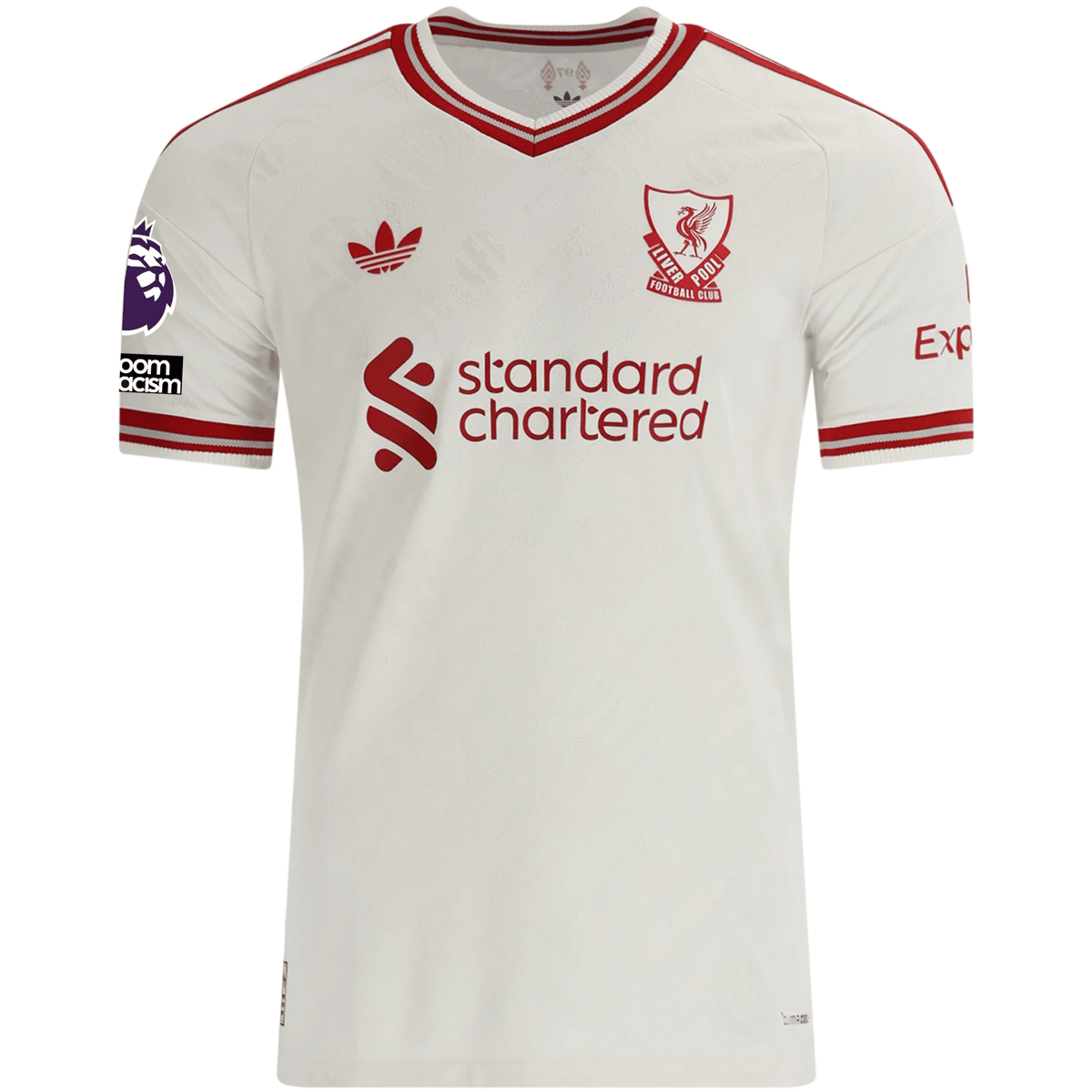 adidas Mens Liverpool Bradley Barcola Authentic Away Jersey w/ EPL + No Room For Racsim Patches 26/27 (White) | SoccerWearhouse