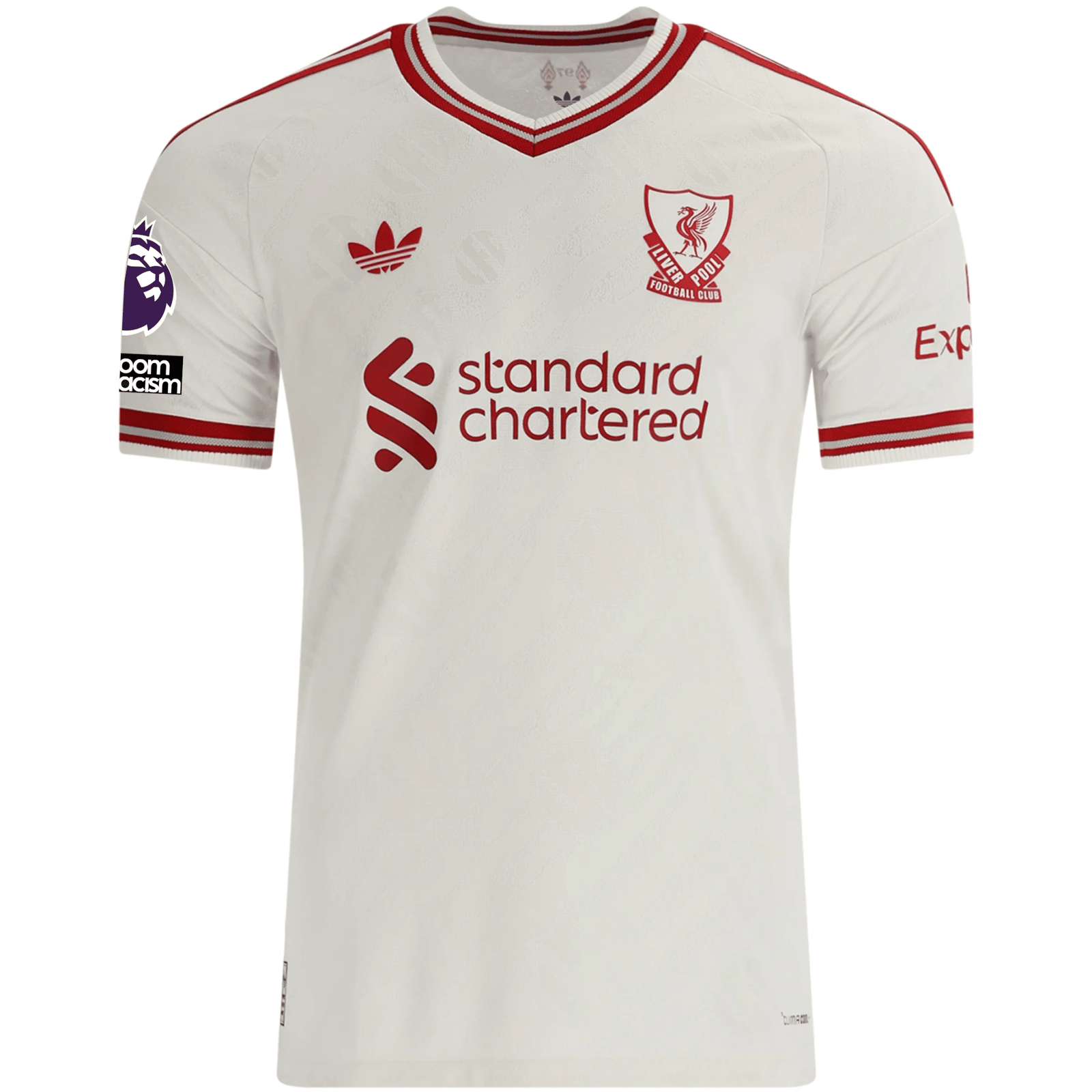 adidas Mens Liverpool Bradley Barcola Authentic Away Jersey w/ EPL + No Room For Racsim Patches 26/27 (White) | SoccerWearhouse
