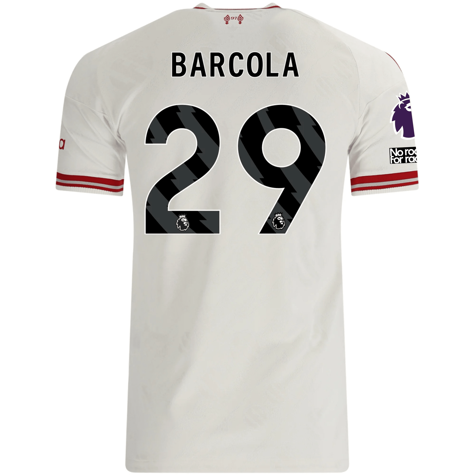 adidas Mens Liverpool Bradley Barcola Authentic Away Jersey w/ EPL + No Room For Racsim Patches 26/27 (White)