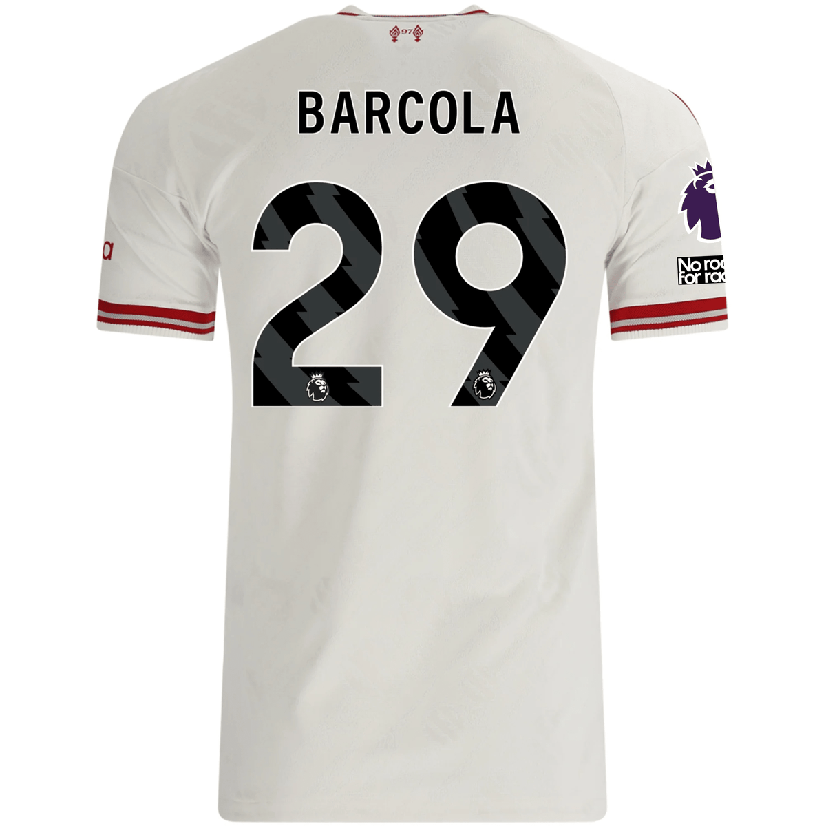 adidas Mens Liverpool Bradley Barcola Authentic Away Jersey w/ EPL + No Room For Racsim Patches 26/27 (White) | SoccerWearhouse