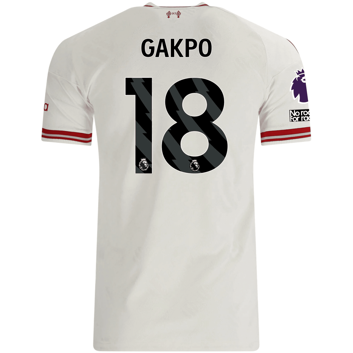 adidas Mens Liverpool Cody Gakpo Authentic Away Jersey w/ EPL + No Room For Racsim Patches 26/27 (White) | SoccerWearhouse