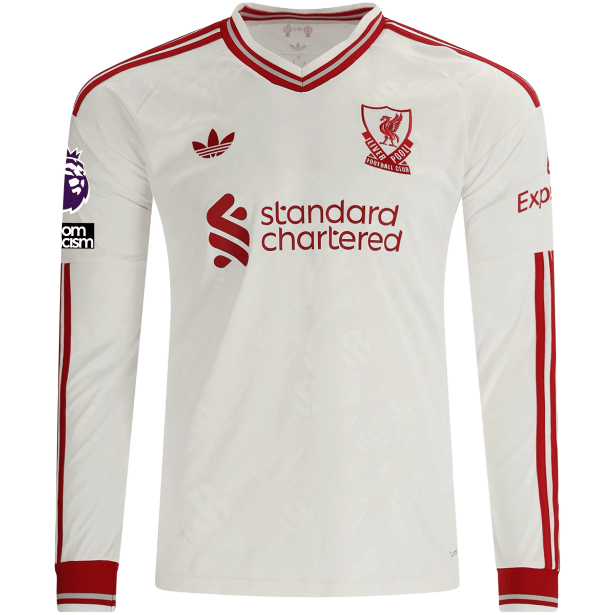 adidas Mens Liverpool Domink Szoboszlai Long Sleeve Away Jersey w/ EPL + No Room For Racism Patches 26/27 (White/Red) | SoccerWearhouse
