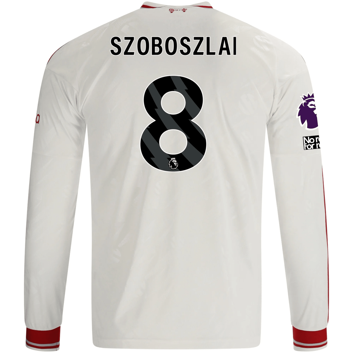 adidas Mens Liverpool Domink Szoboszlai Long Sleeve Away Jersey w/ EPL + No Room For Racism Patches 26/27 (White/Red) | SoccerWearhouse