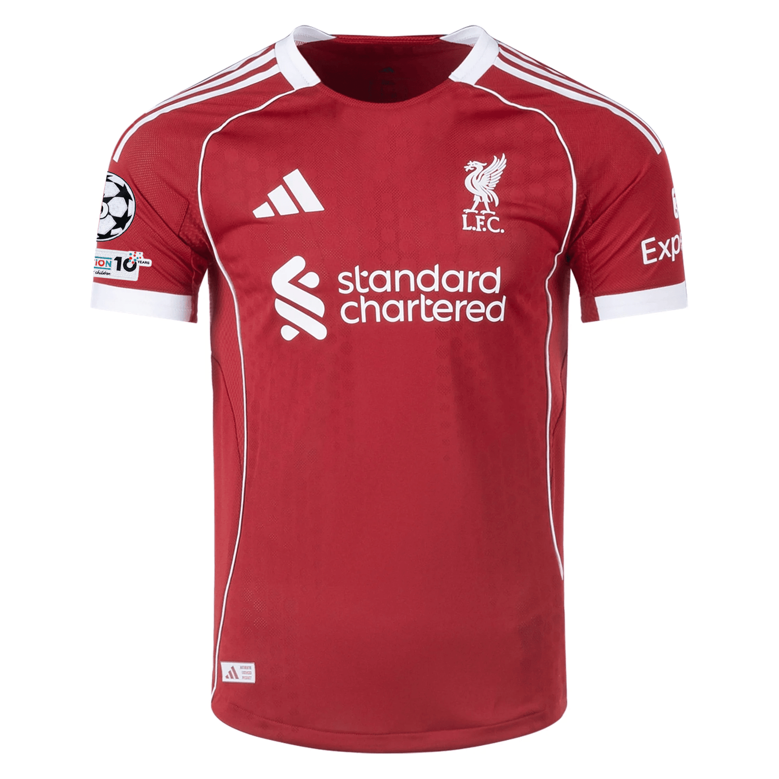 adidas Men's Liverpool FC Authentic Mohamed Salah Home Jersey 25/26 w/ Champions League Patches (Strawberry Red) | SoccerWearhouse