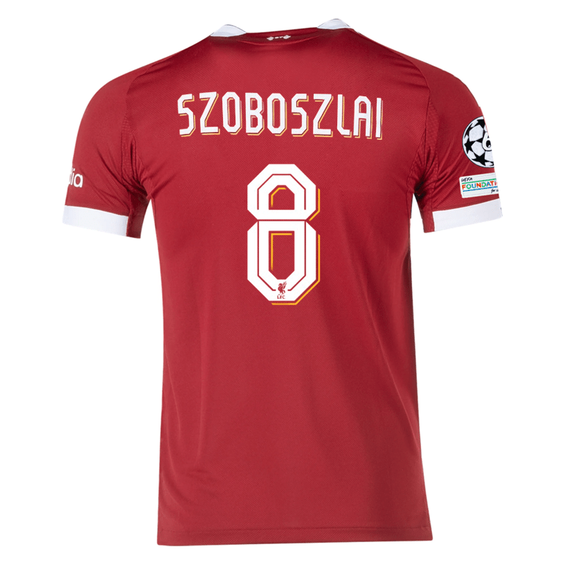 adidas Men's Liverpool FC Authentic Szoboszlai Home Jersey 25/26 w/ Champions League Patches (Strawberry Red) | SoccerWearhouse