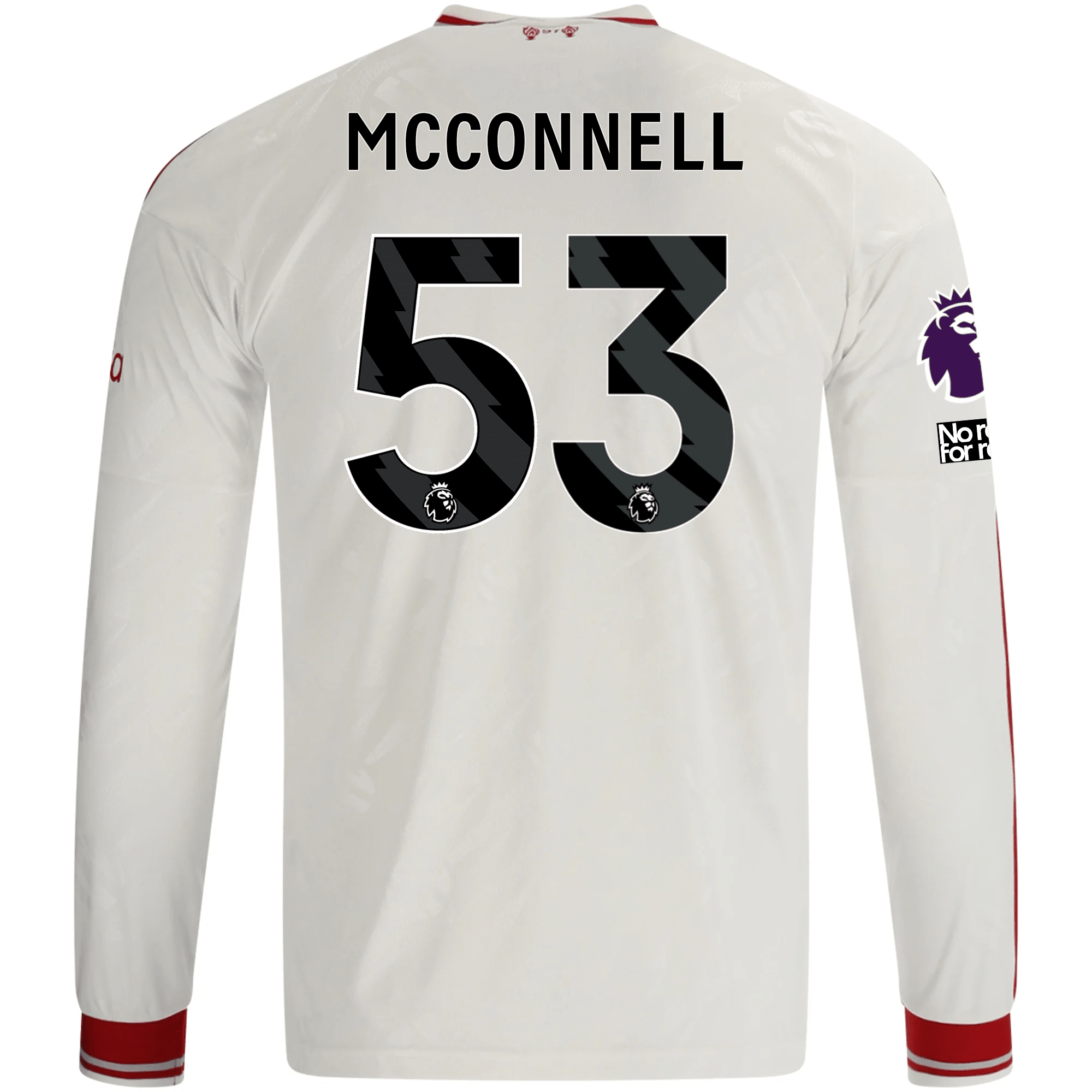 adidas Mens Liverpool James McConnell Long Sleeve Away Jersey w/ EPL + No Room For Racism Patches 26/27 (White/Red)