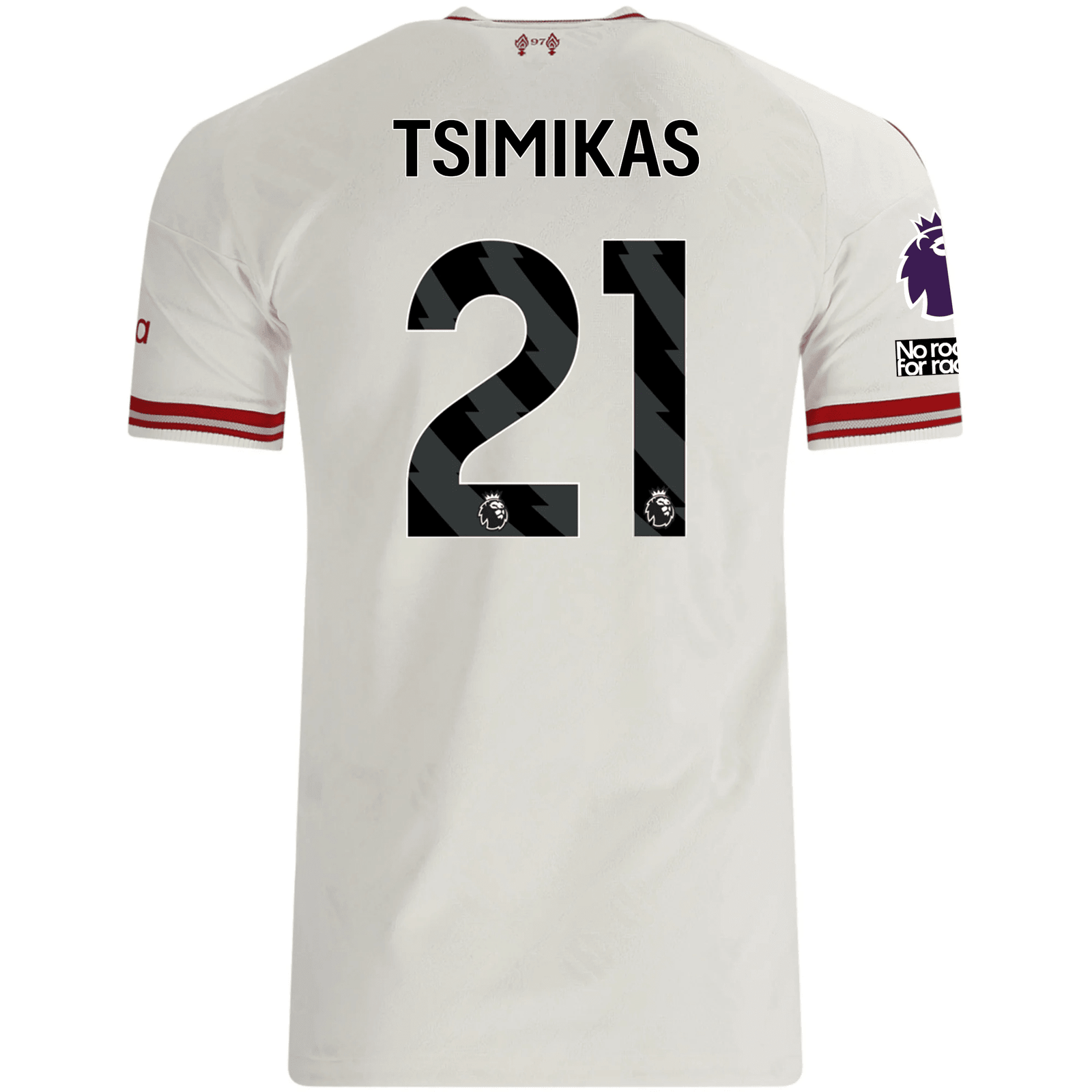 adidas Mens Liverpool Kostas Tsimikas Authentic Away Jersey w/ EPL + No Room For Racsim Patches 26/27 (White) | SoccerWearhouse