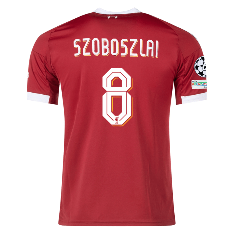 adidas Men's Liverpool Szoboszlai Home Jersey 25/26 w/ Champions League Patches (Strawberry Red) | SoccerWearhouse