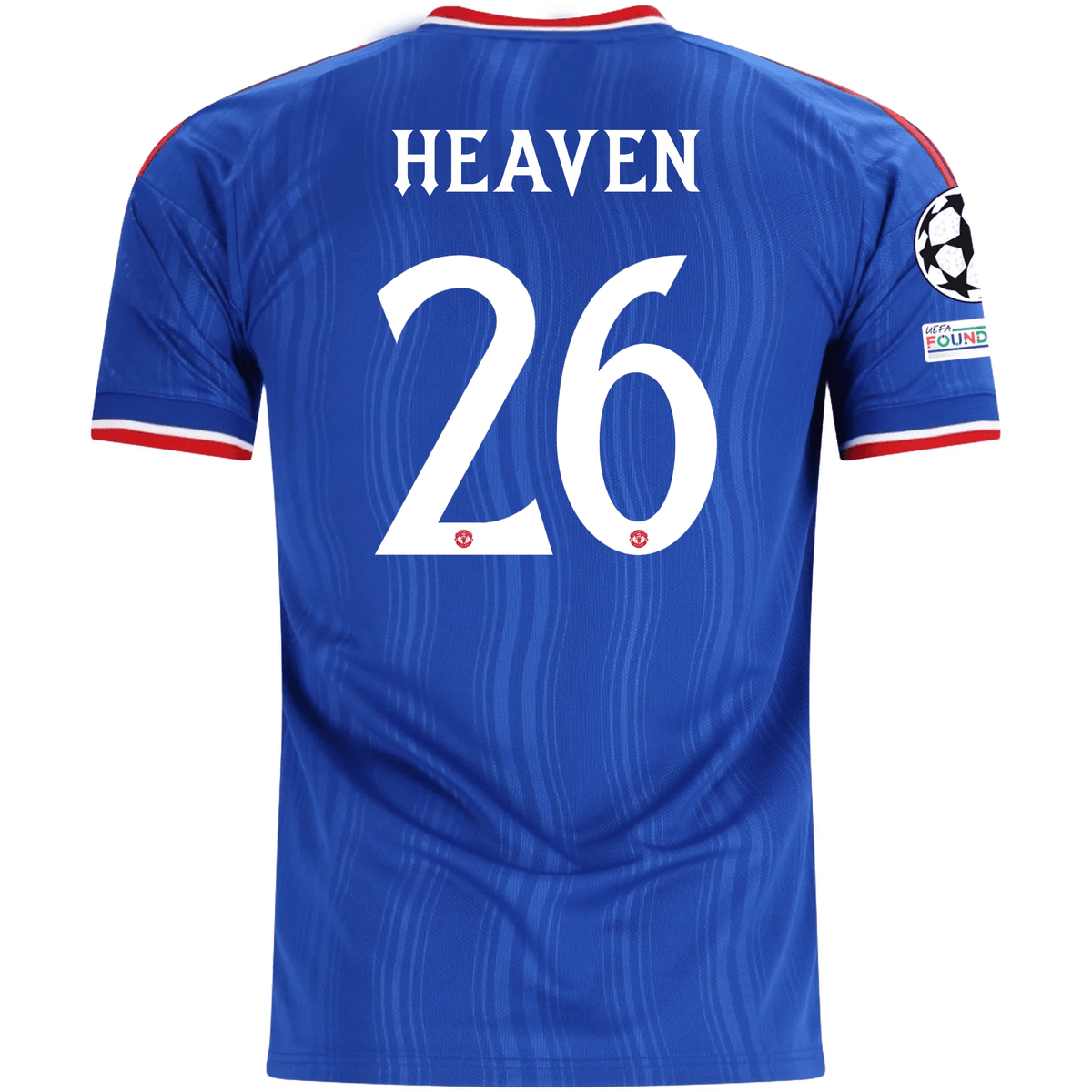 adidas Mens Manchester United Ayden Heaven Away Jersey w/ Champions League Patches 26/27 (Blue) | SoccerWearhouse