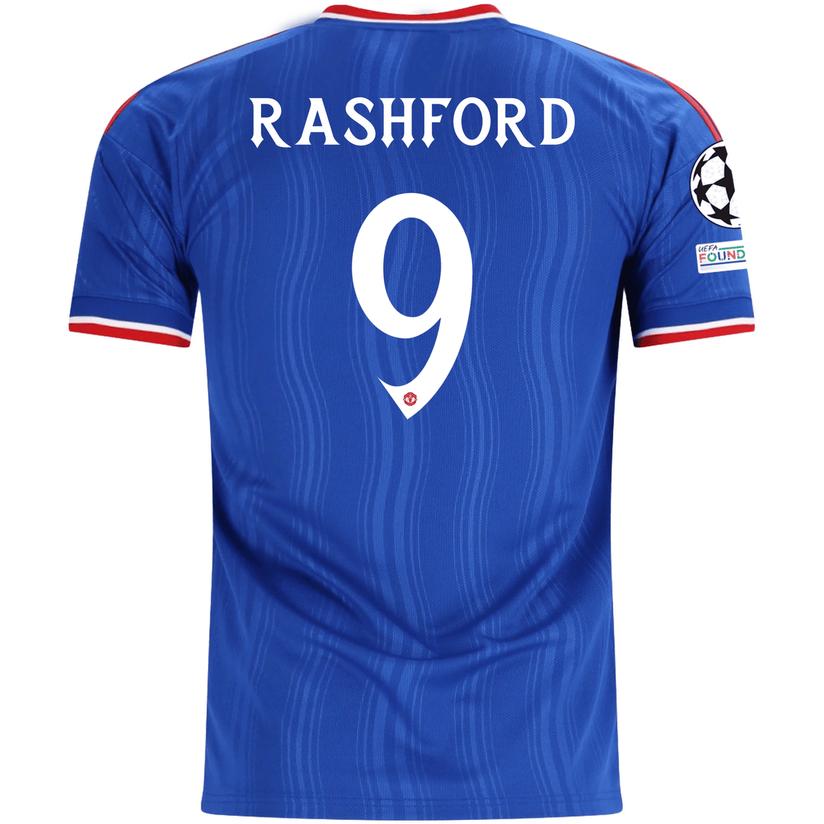 adidas Mens Manchester United Marcus Rashford Away Jersey w/ Champions League Patches 26/27 (Blue) | SoccerWearhouse
