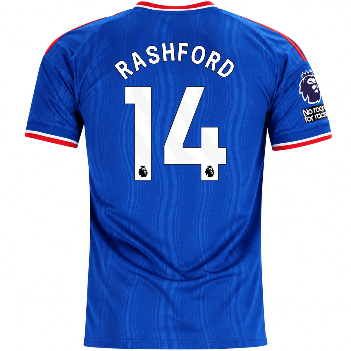 adidas Mens Manchester United Marcus Rashford Away Jersey w/ EPL + No Room For Racism Patches 26/27 (Blue) | SoccerWearhouse
