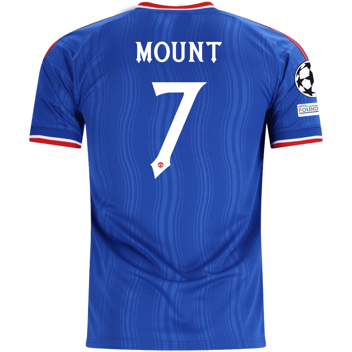 adidas Mens Manchester United Mason Mount Away Jersey w/ Champions League Patches 26/27 (Blue) | SoccerWearhouse