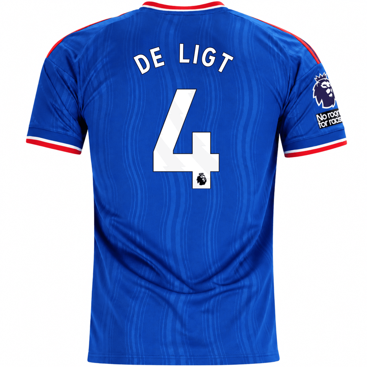 adidas Mens Manchester United Matthijs de Ligt Away Jersey w/ EPL + No Room For Racism Patches 26/27 (Blue) | SoccerWearhouse